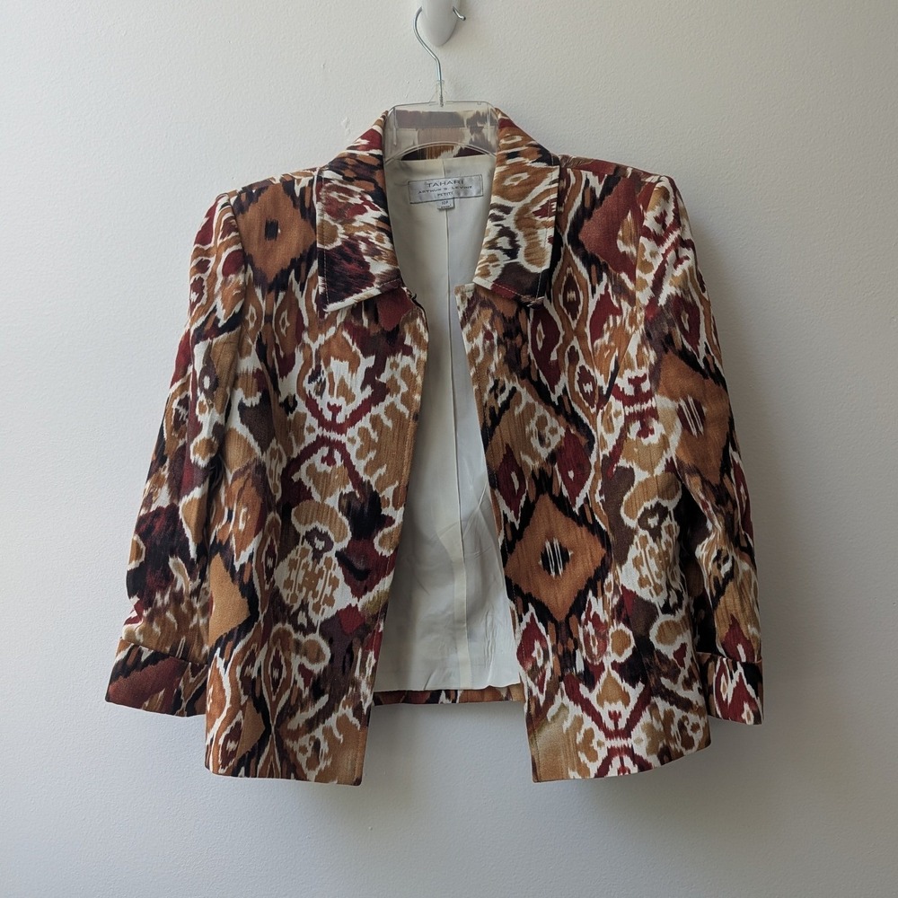 Vtg Tahari Blazer Brown Ikat Geometric Linen Blend Jacket 10P Career Artsy Chic